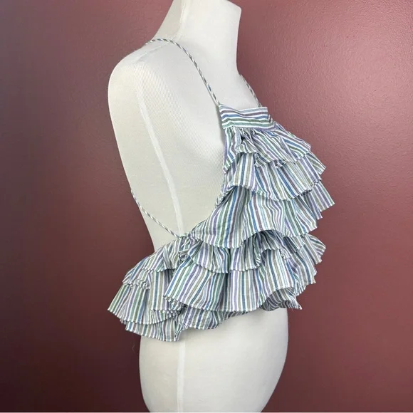 Magali Pascal Anthropologie US 12 or XL ruffle tiered halter top blue stripe - Picture 3 of 8